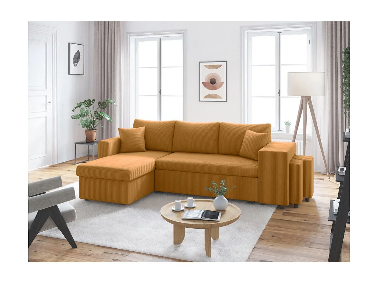 Canapé d'angle réversible convertible Oslo avec coffre, 2 poufs à droite en velours côtelé jaune - L241 x P146 x H81cm - Loungitude