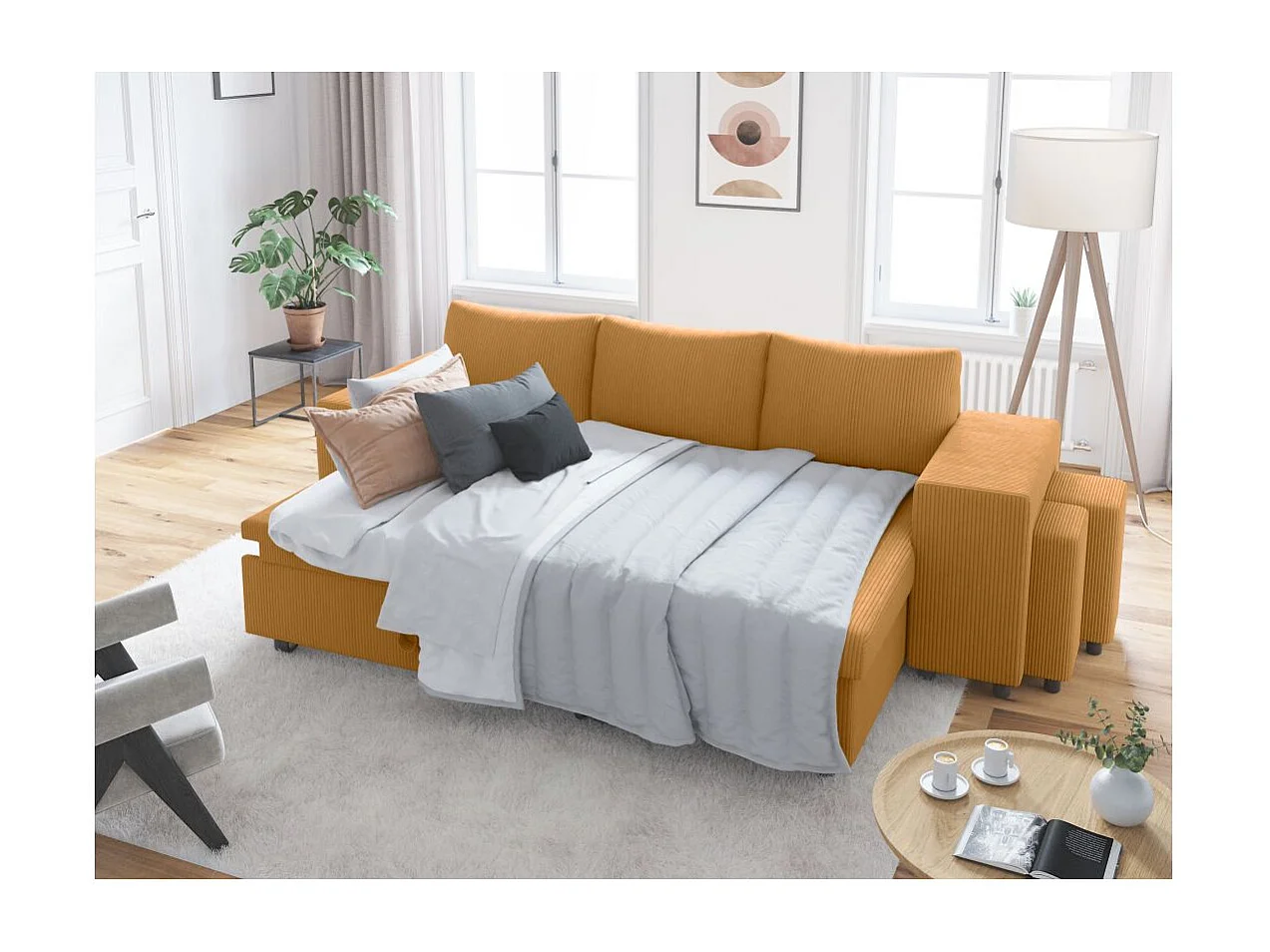Canapé d'angle réversible convertible Oslo avec coffre, 2 poufs à droite en velours côtelé jaune - L241 x P146 x H81cm - Loungitude