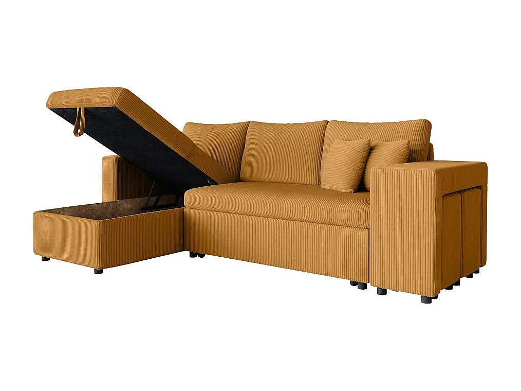 Canapé d'angle réversible convertible Oslo avec coffre, 2 poufs à droite en velours côtelé jaune - L241 x P146 x H81cm - Loungitude
