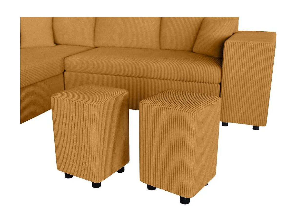 Canapé d'angle réversible convertible Oslo avec coffre, 2 poufs à droite en velours côtelé jaune - L241 x P146 x H81cm - Loungitude