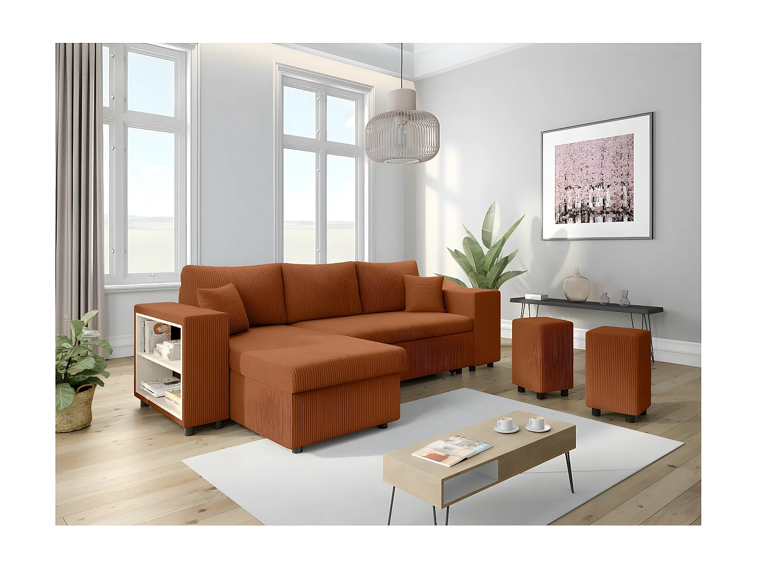 Canapé d'angle réversible Mady avec coffre, rangement poufs à droite en velours côtelé terracotta - L254 x P146 x H81cm - Loungitude
