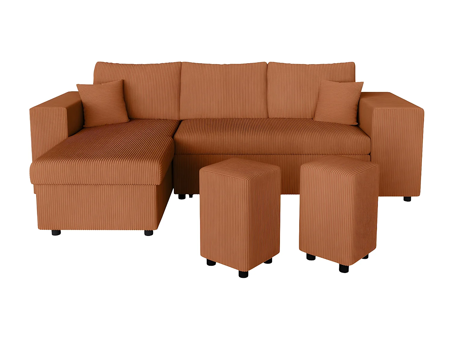 Canapé d'angle réversible Mady avec coffre, rangement poufs à droite en velours côtelé terracotta - L254 x P146 x H81cm - Loungitude