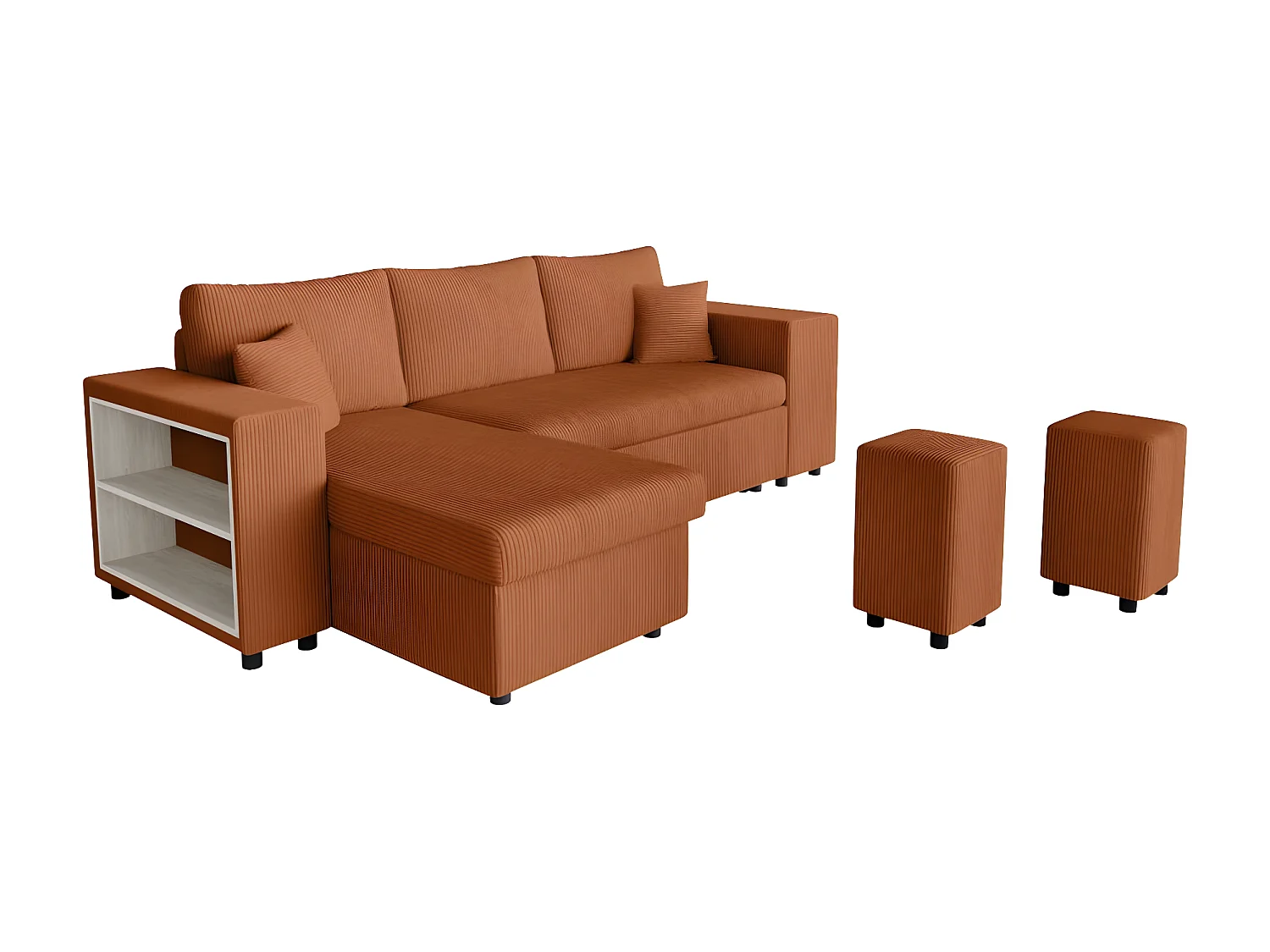 Canapé d'angle réversible Mady avec coffre, rangement poufs à droite en velours côtelé terracotta - L254 x P146 x H81cm - Loungitude