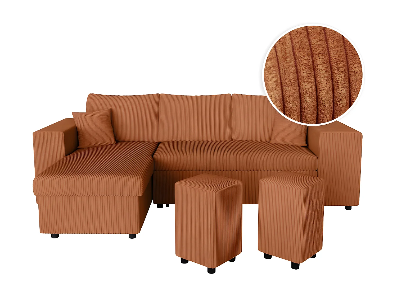 Canapé d'angle réversible Mady avec coffre, rangement poufs à droite en velours côtelé terracotta - L254 x P146 x H81cm - Loungitude