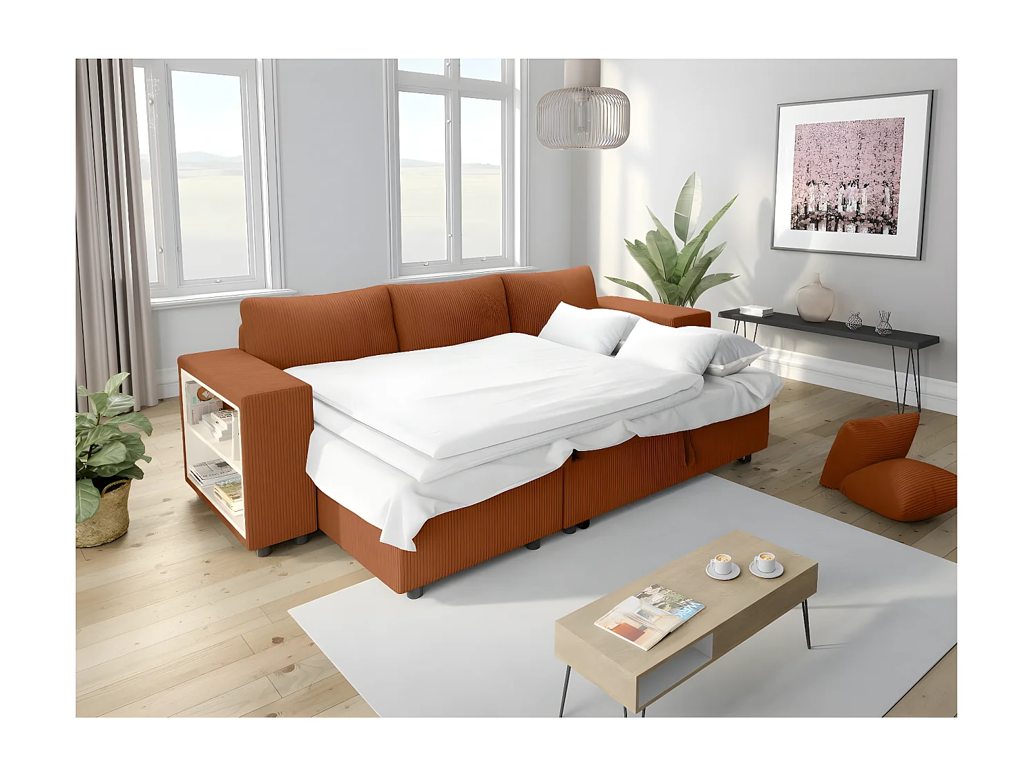 Canapé d'angle réversible Mady avec coffre, rangement poufs à droite en velours côtelé terracotta - L254 x P146 x H81cm - Loungitude