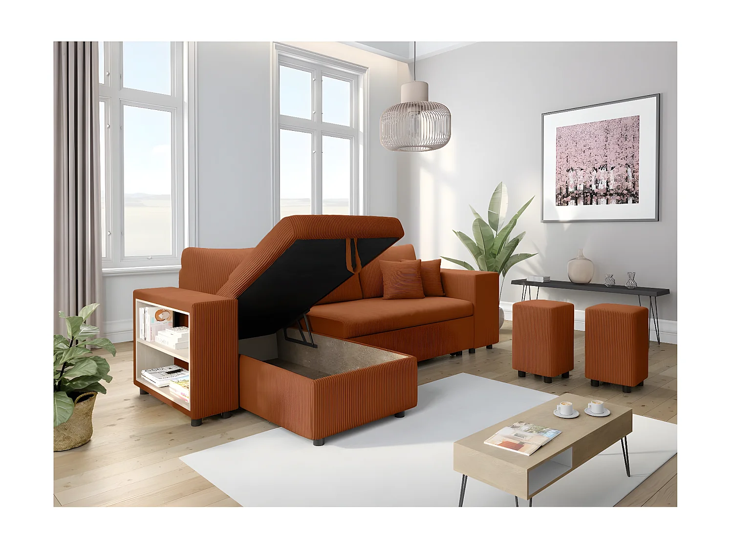 Canapé d'angle réversible Mady avec coffre, rangement poufs à droite en velours côtelé terracotta - L254 x P146 x H81cm - Loungitude