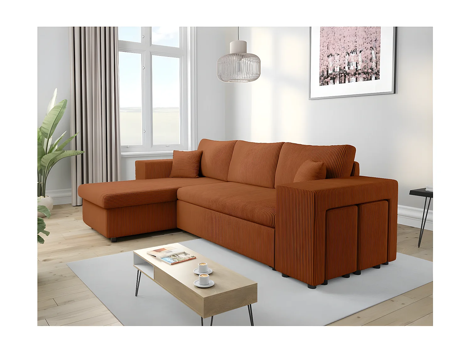 Canapé d'angle réversible Mady avec coffre, rangement poufs à droite en velours côtelé terracotta - L254 x P146 x H81cm - Loungitude