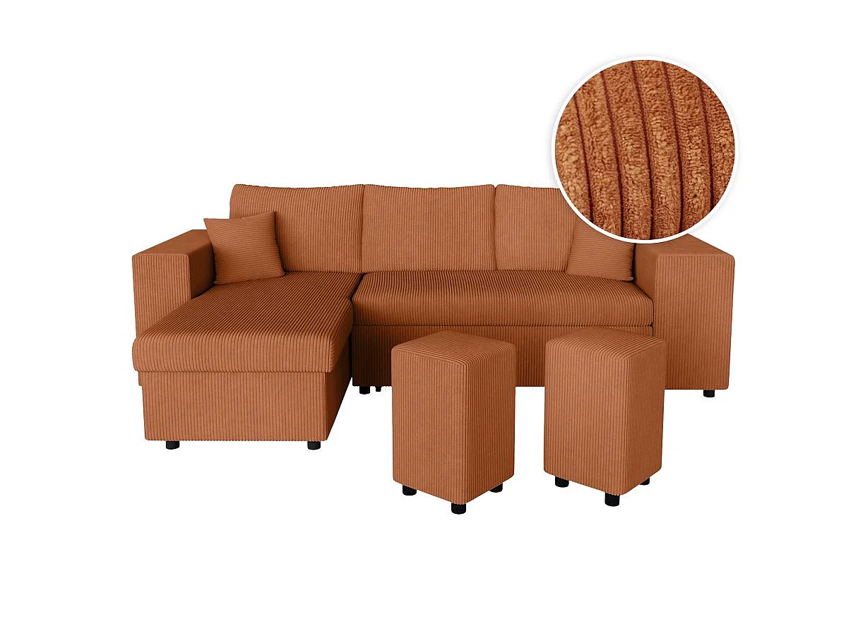 Canapé d'angle convertible 5 places avec pouf en velours terracotta