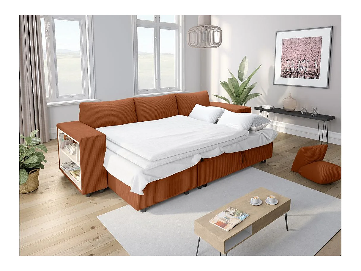 Canapé d'angle convertible 5 places avec pouf en velours terracotta