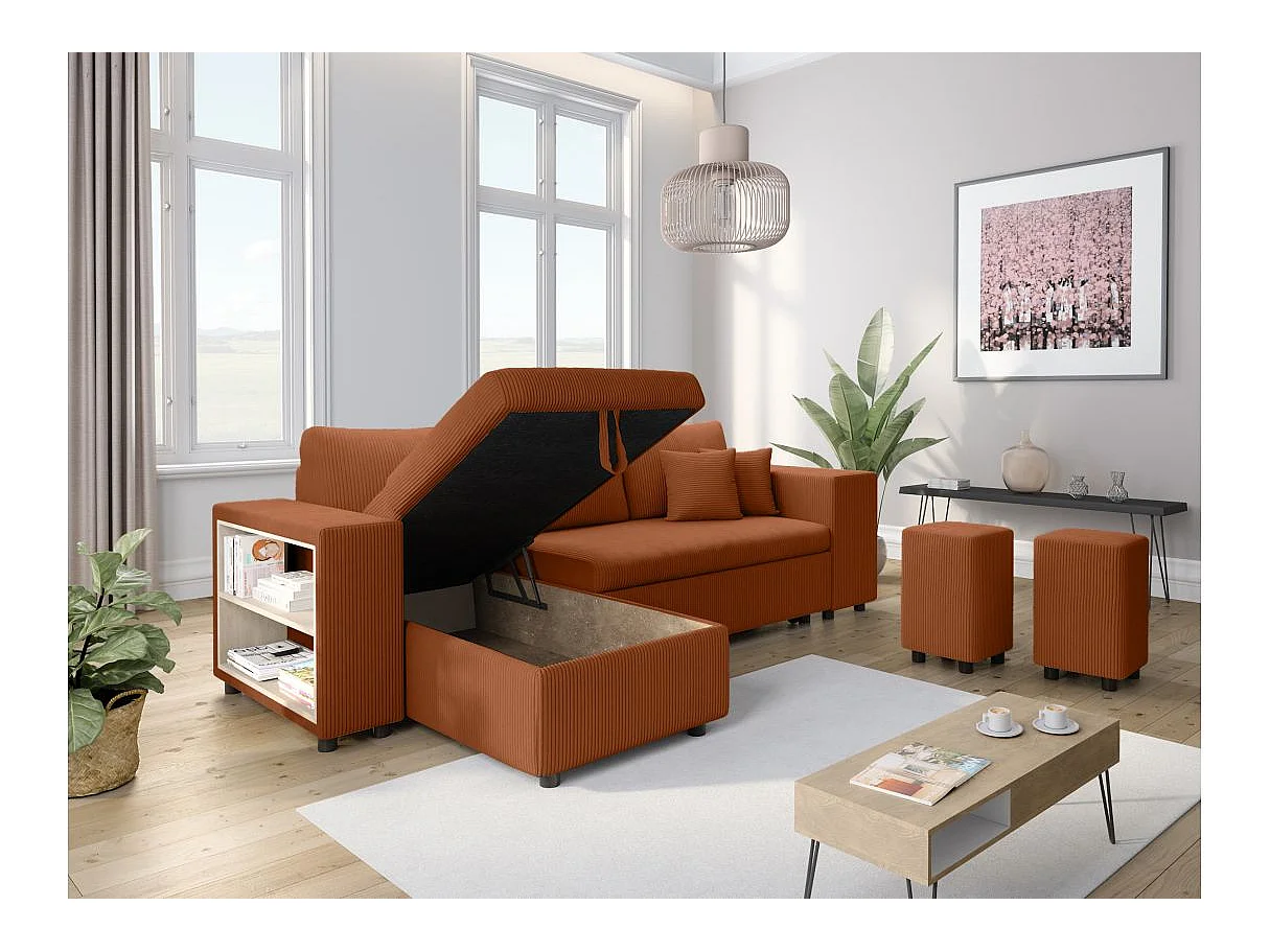 Canapé d'angle convertible 5 places avec pouf en velours terracotta