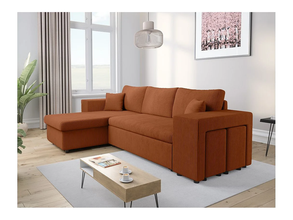 Canapé d'angle convertible 5 places avec pouf en velours terracotta