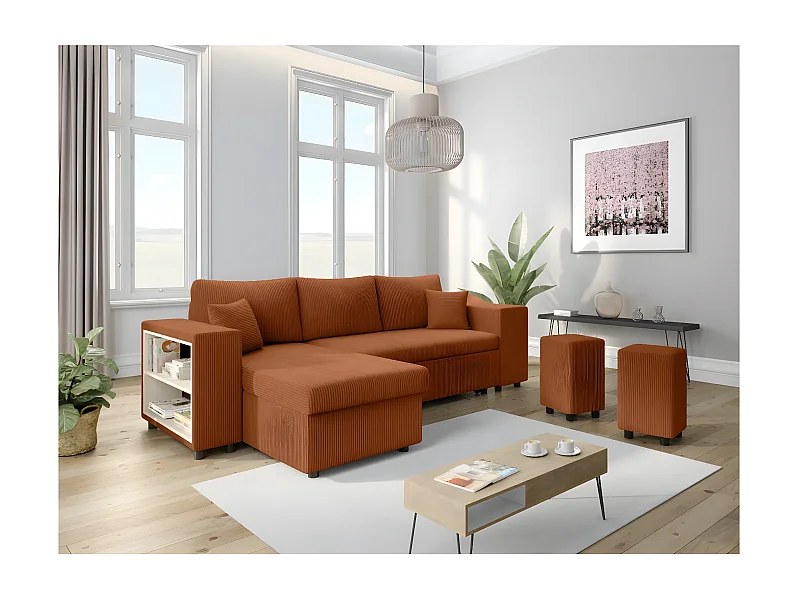 Canapé d'angle réversible Mady avec coffre, rangement poufs à droite en velours côtelé terracotta - L254 x P146 x H81cm - Loungitude