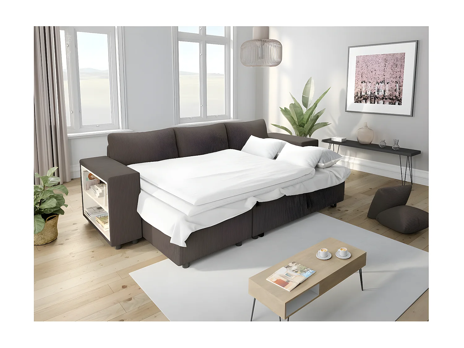 Canapé d'angle réversible Mady avec coffre, rangement poufs à droite en velours côtelé Gris anthracite - L254 x P146 x H81cm - Loungitude