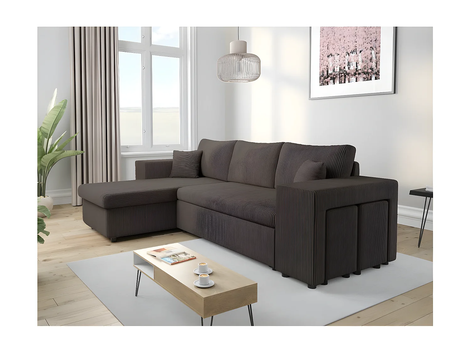 Canapé d'angle réversible Mady avec coffre, rangement poufs à droite en velours côtelé Gris anthracite - L254 x P146 x H81cm - Loungitude