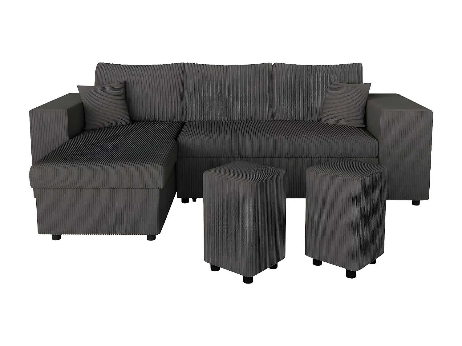 Canapé d'angle réversible Mady avec coffre, rangement poufs à droite en velours côtelé Gris anthracite - L254 x P146 x H81cm - Loungitude