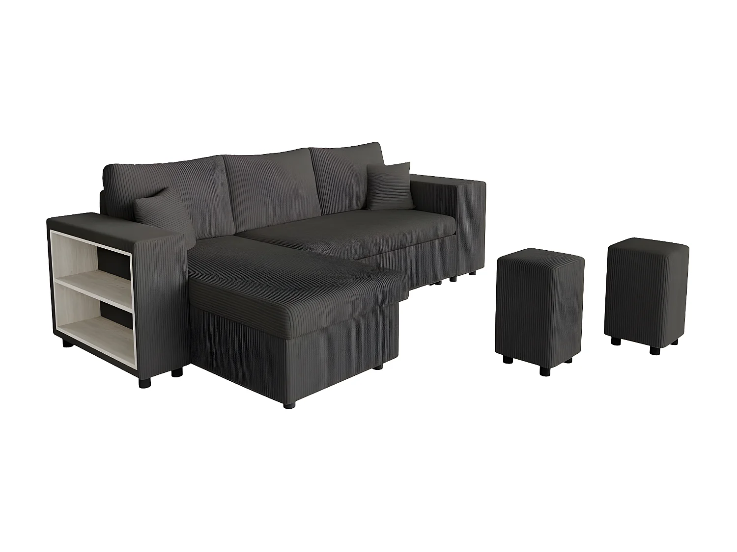 Canapé d'angle réversible Mady avec coffre, rangement poufs à droite en velours côtelé Gris anthracite - L254 x P146 x H81cm - Loungitude