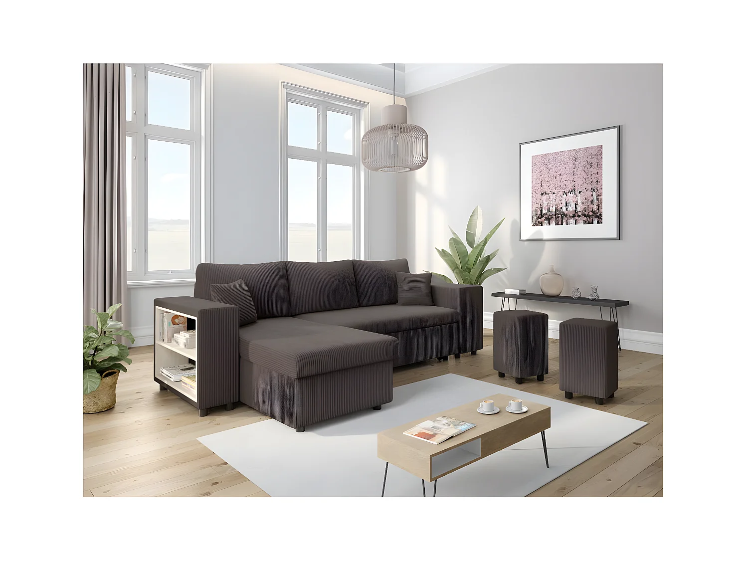 Canapé d'angle réversible Mady avec coffre, rangement poufs à droite en velours côtelé Gris anthracite - L254 x P146 x H81cm - Loungitude
