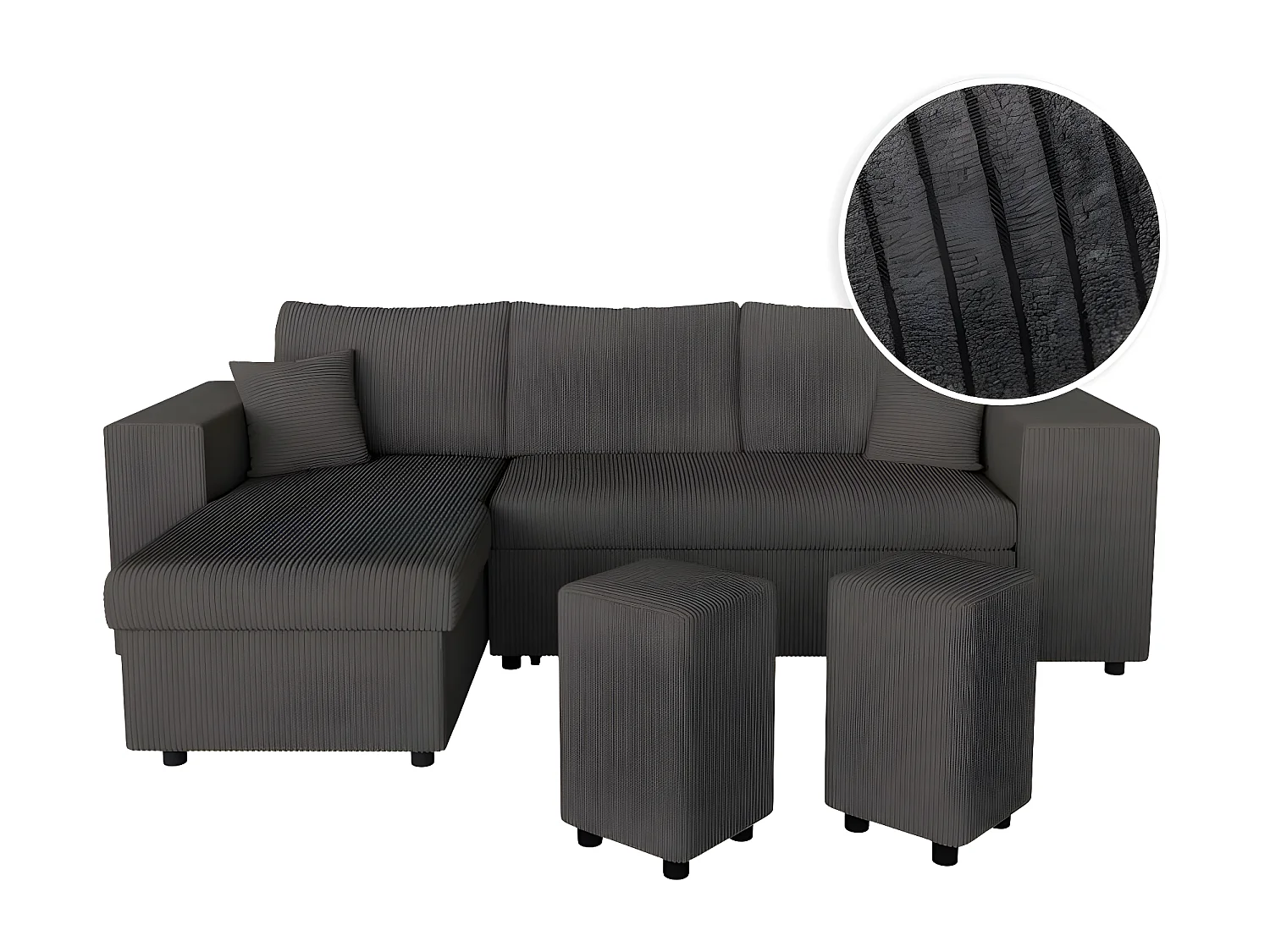 Canapé d'angle réversible Mady avec coffre, rangement poufs à droite en velours côtelé Gris anthracite - L254 x P146 x H81cm - Loungitude