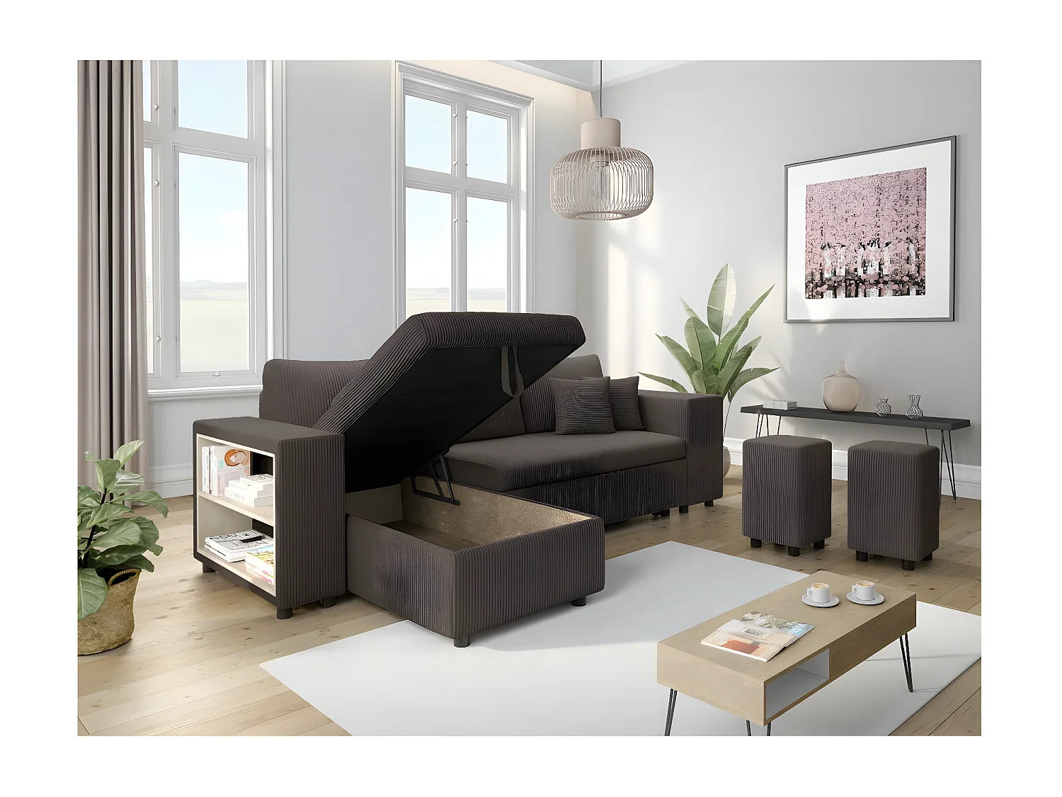 Canapé d'angle réversible Mady avec coffre, rangement poufs à droite en velours côtelé Gris anthracite - L254 x P146 x H81cm - Loungitude