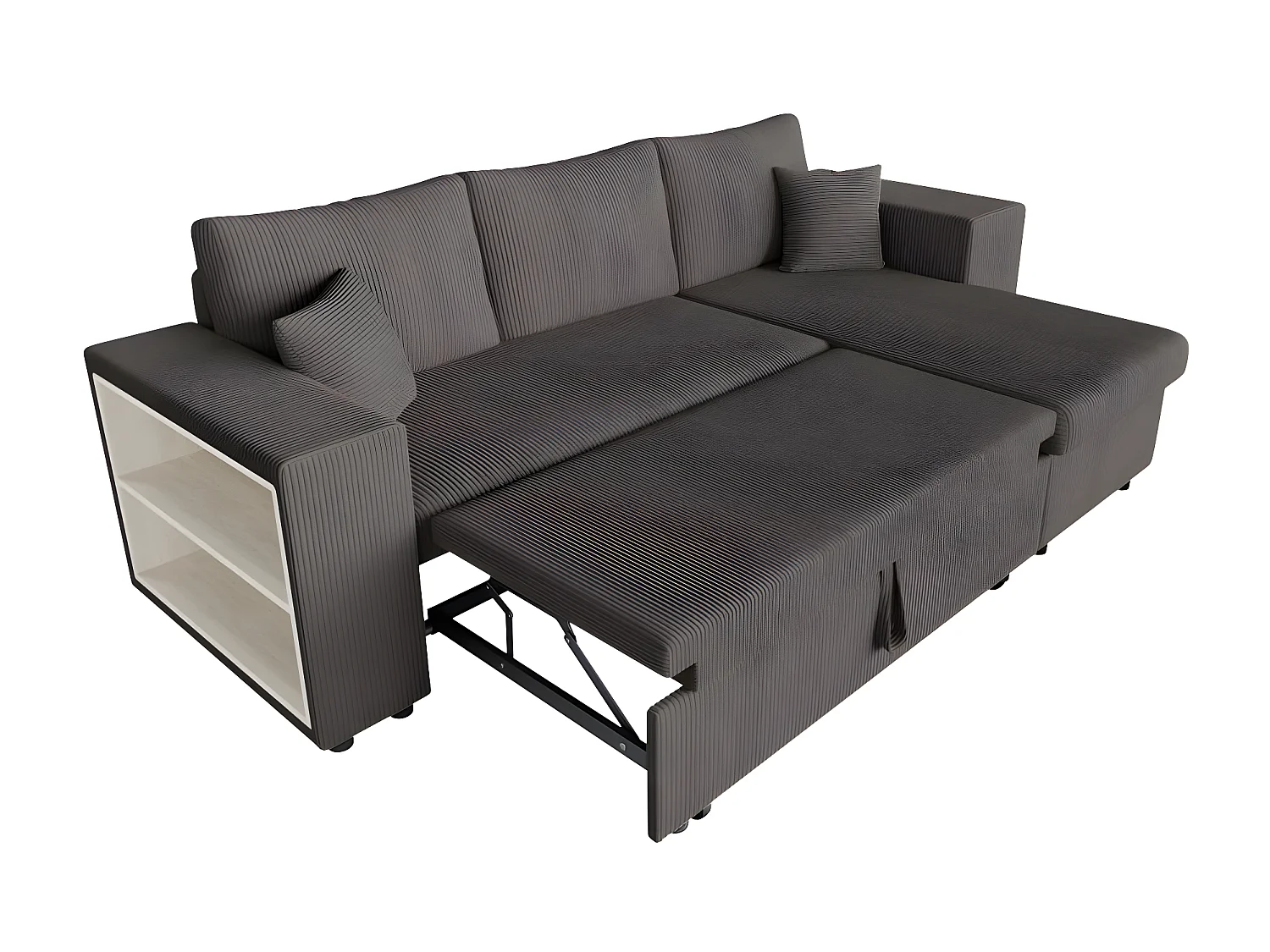 Canapé d'angle réversible Mady avec coffre, rangement poufs à droite en velours côtelé Gris anthracite - L254 x P146 x H81cm - Loungitude