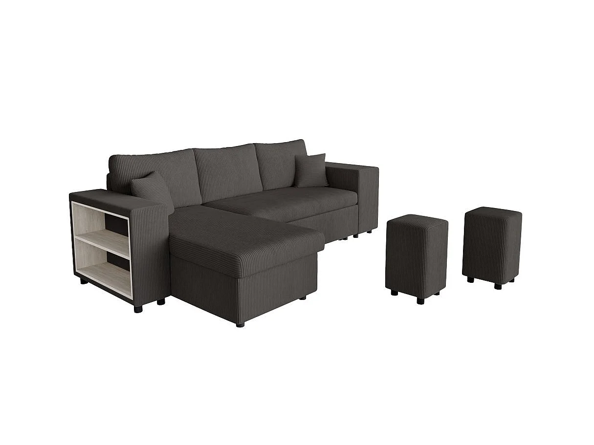 Canapé d'angle convertible 5 places avec pouf en velours gris anthracite MADY