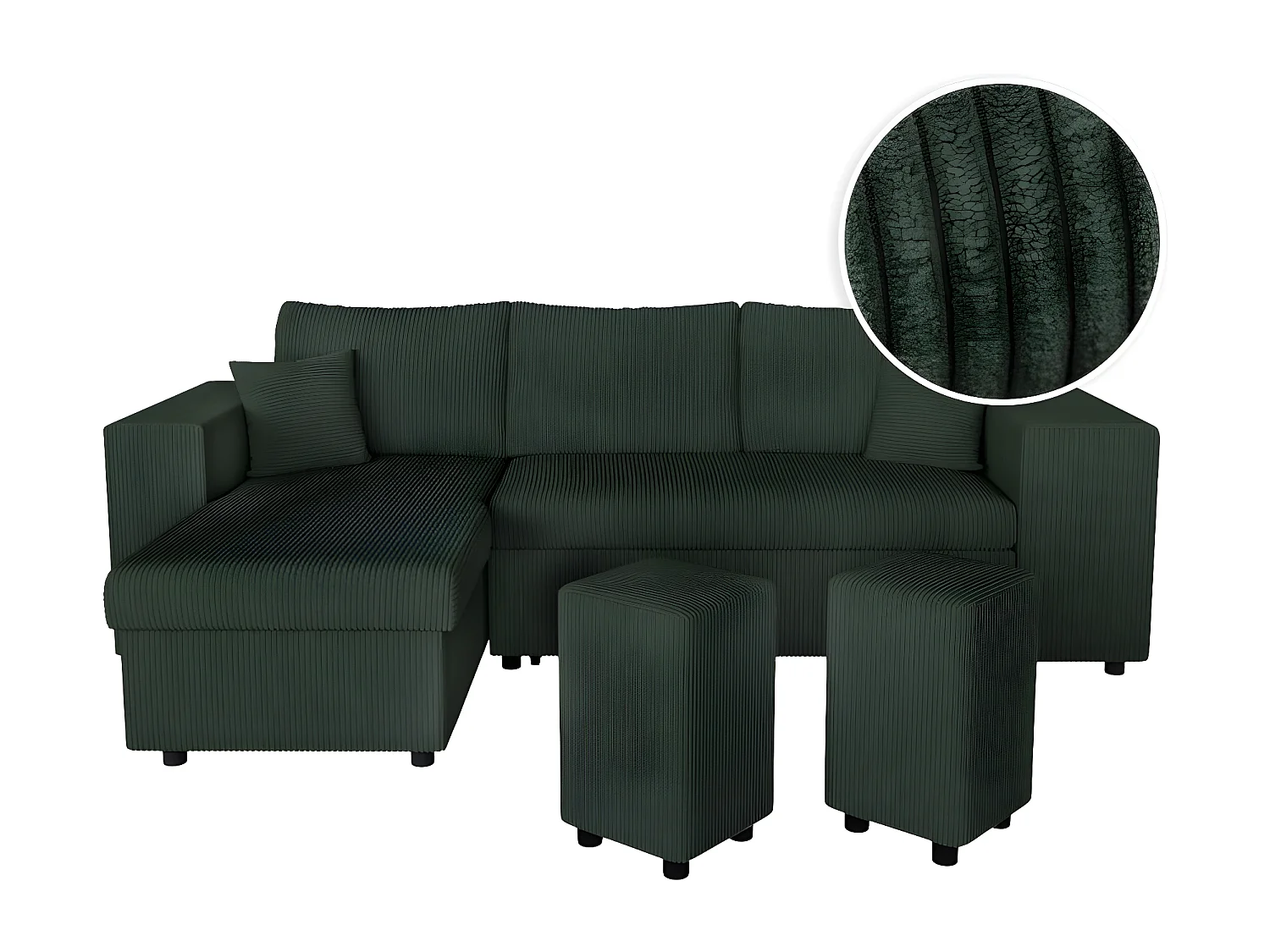 Canapé d'angle réversible Mady avec coffre, rangement poufs à droite en velours côtelé vert foncé - L254 x P146 x H81cm - Loungitude