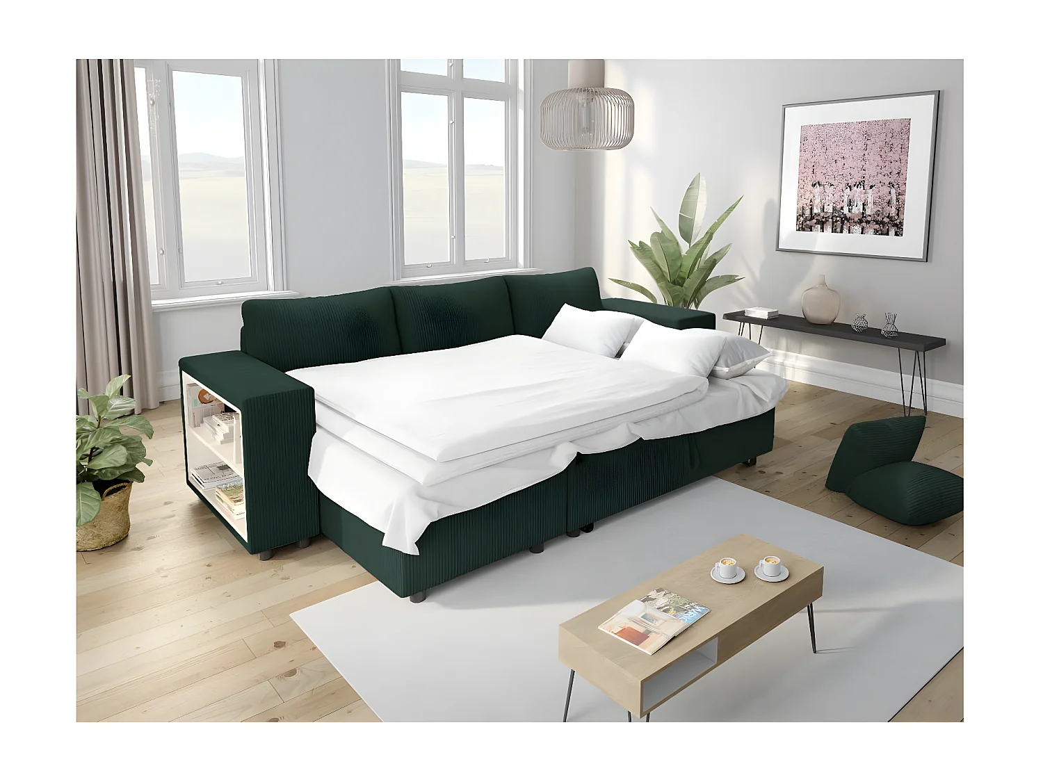 Canapé d'angle réversible Mady avec coffre, rangement poufs à droite en velours côtelé vert foncé - L254 x P146 x H81cm - Loungitude