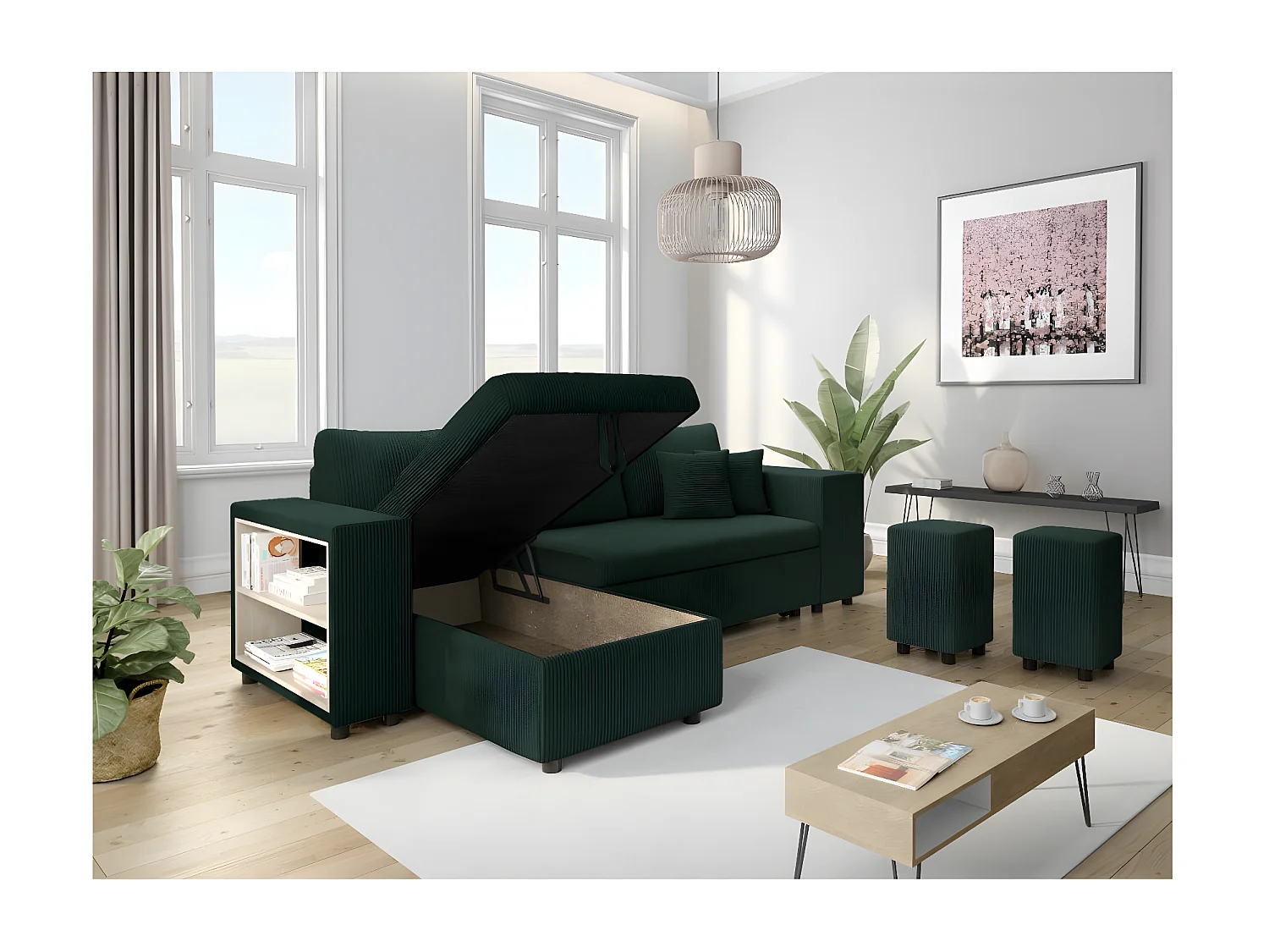 Canapé d'angle réversible Mady avec coffre, rangement poufs à droite en velours côtelé vert foncé - L254 x P146 x H81cm - Loungitude