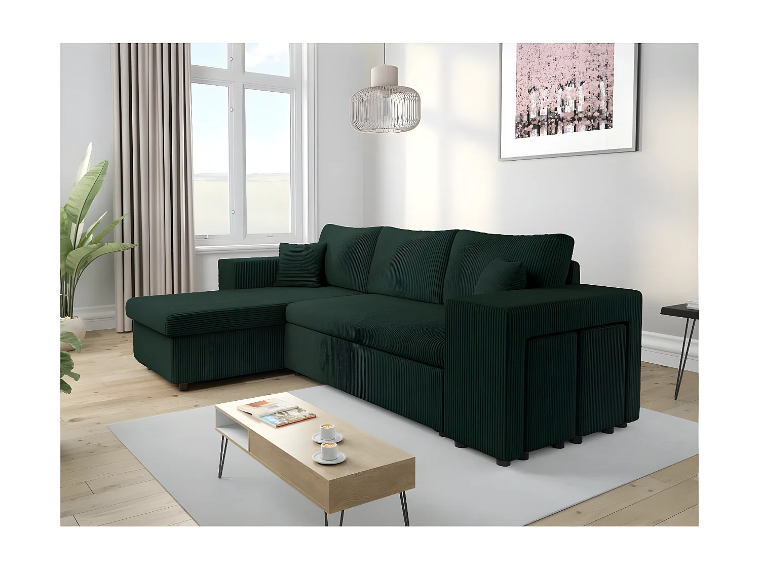 Canapé d'angle réversible Mady avec coffre, rangement poufs à droite en velours côtelé vert foncé - L254 x P146 x H81cm - Loungitude