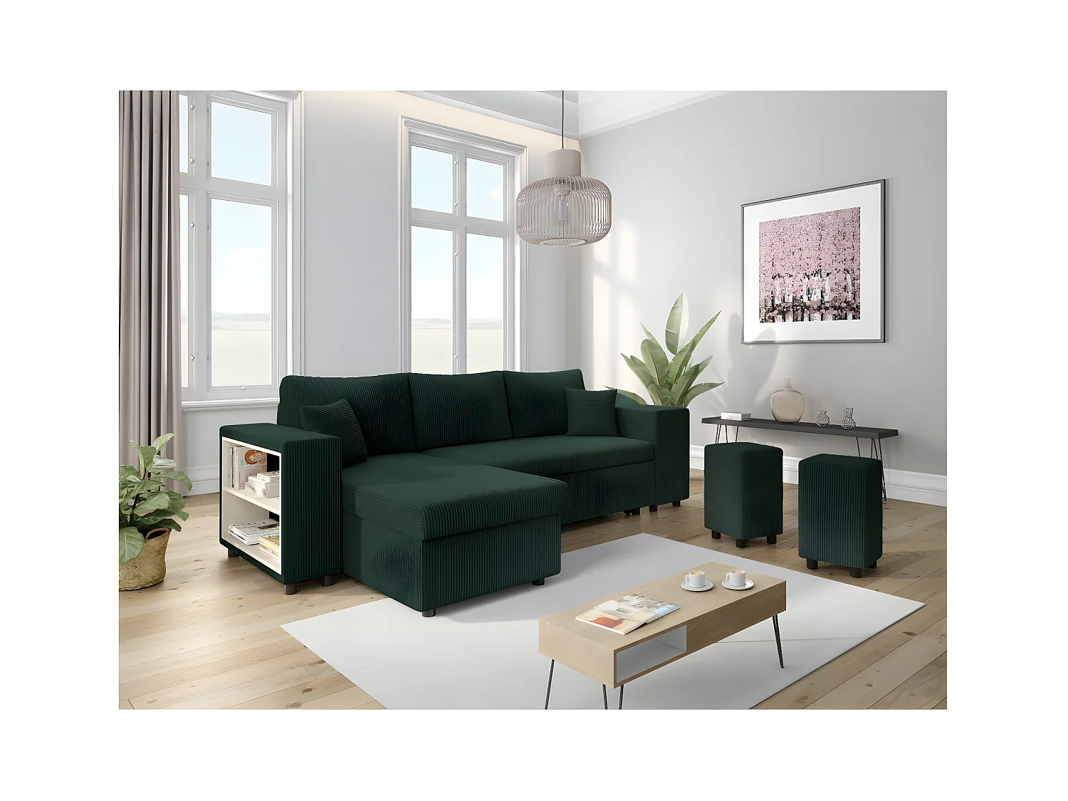 Canapé d'angle réversible Mady avec coffre, rangement poufs à droite en velours côtelé vert foncé - L254 x P146 x H81cm - Loungitude