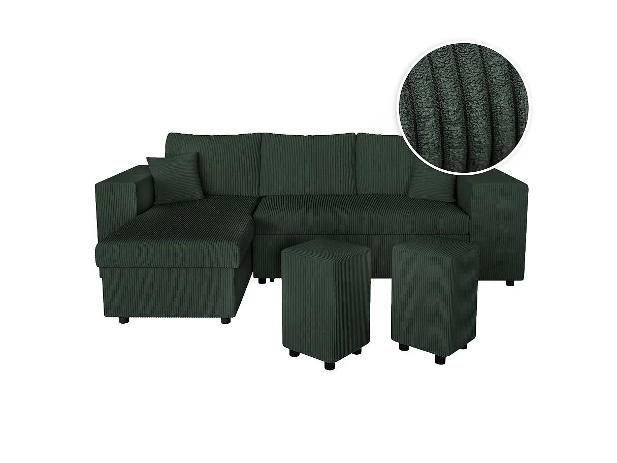 Canapé d'angle convertible 5 places avec pouf en velours vert foncé