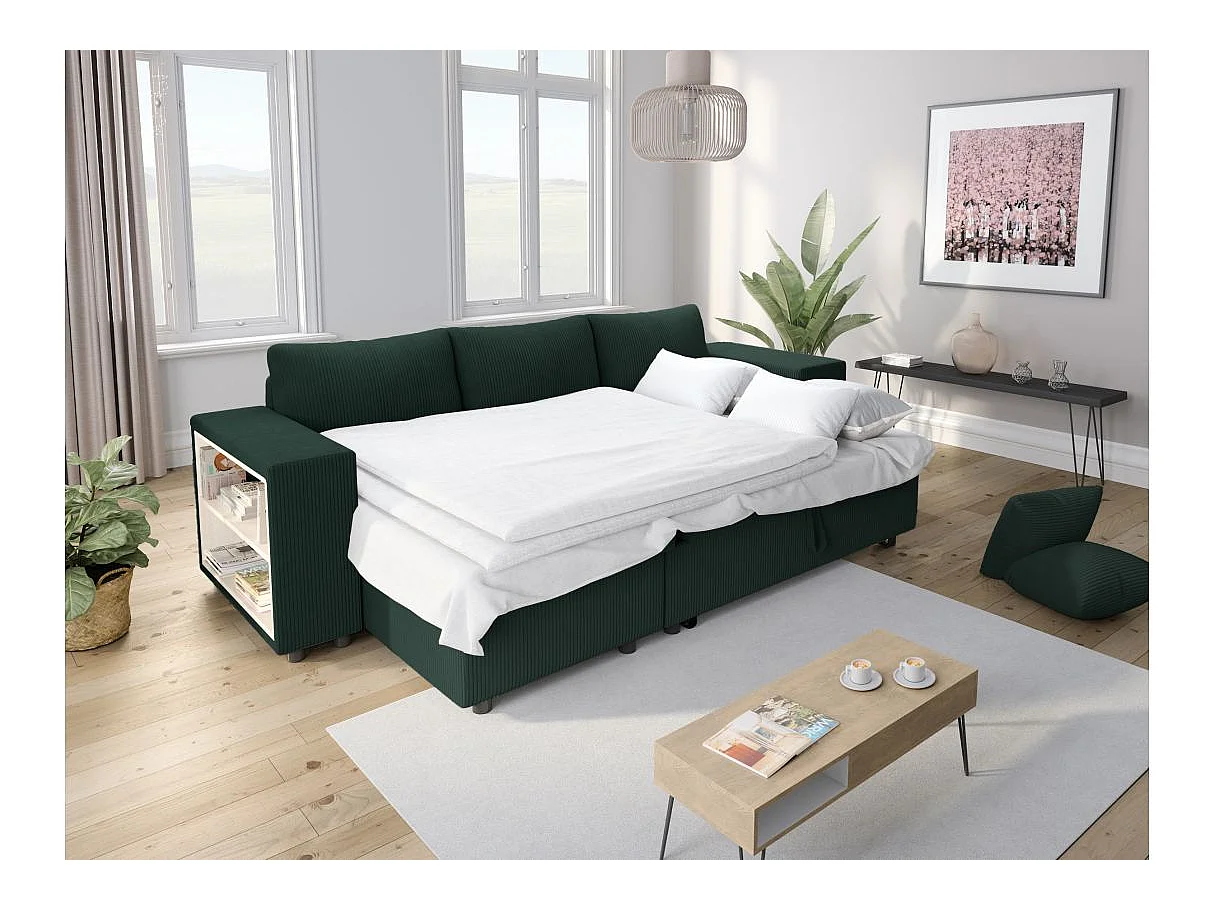 Canapé d'angle convertible 5 places avec pouf en velours vert foncé