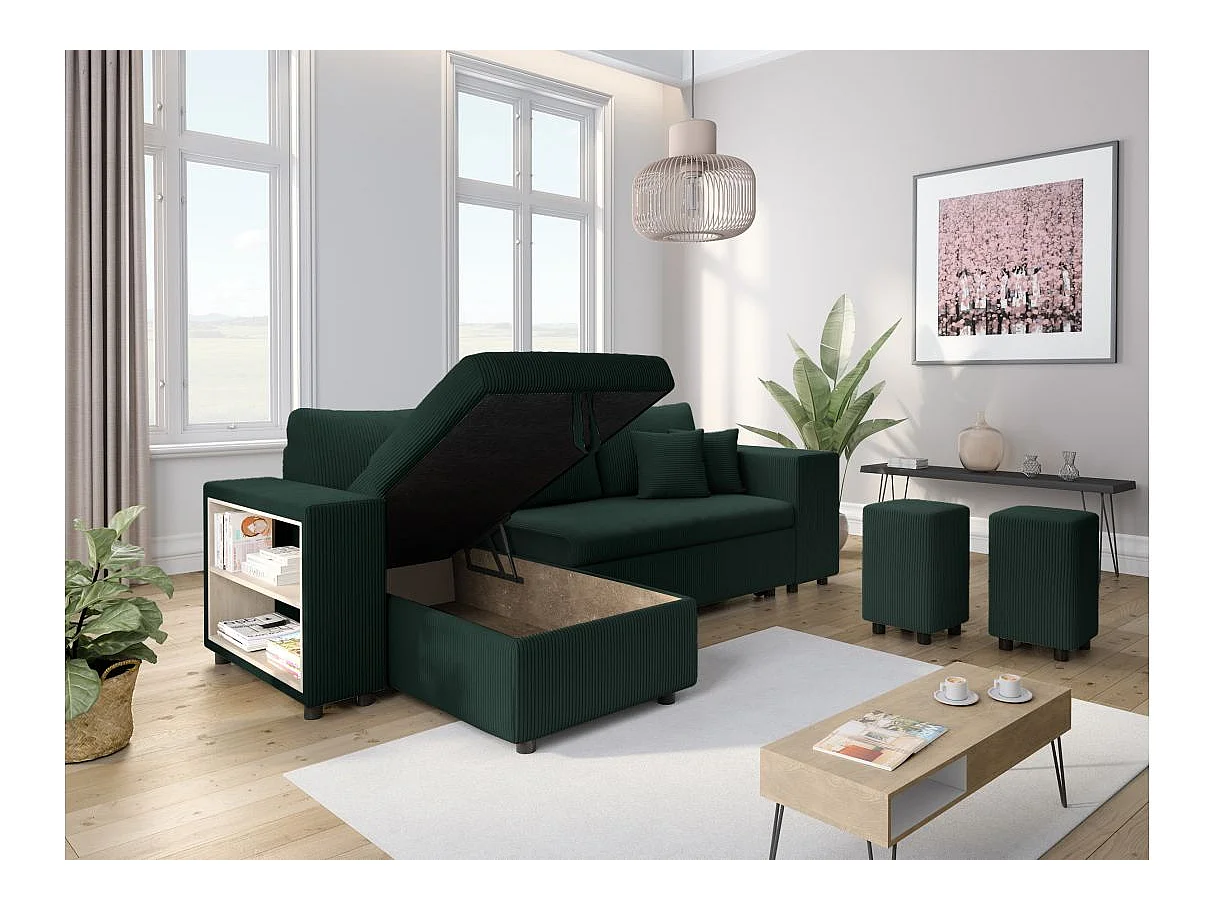 Canapé d'angle convertible 5 places avec pouf en velours vert foncé
