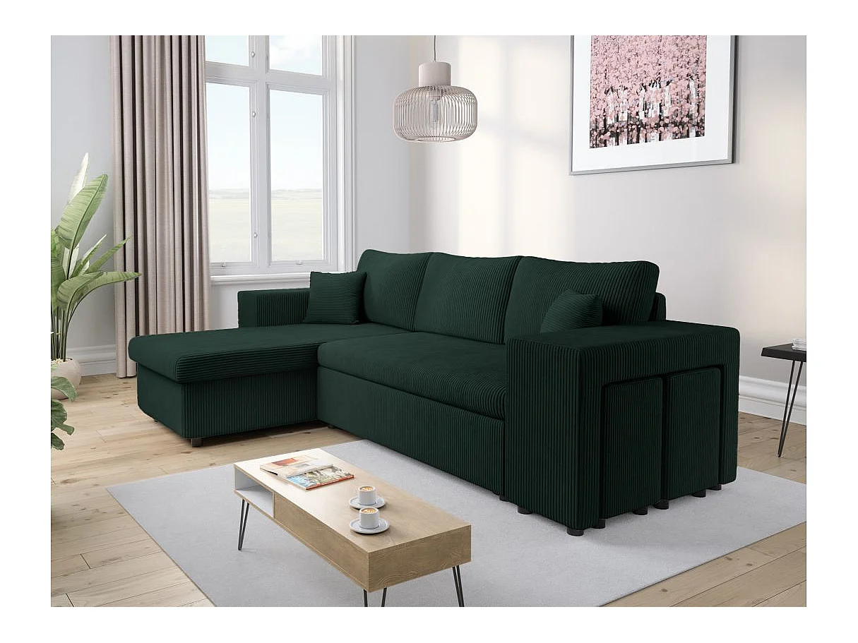 Canapé d'angle convertible 5 places avec pouf en velours vert foncé