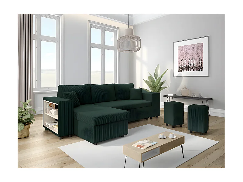 Canapé d'angle réversible Mady avec coffre, rangement poufs à droite en velours côtelé vert foncé - L254 x P146 x H81cm - Loungitude