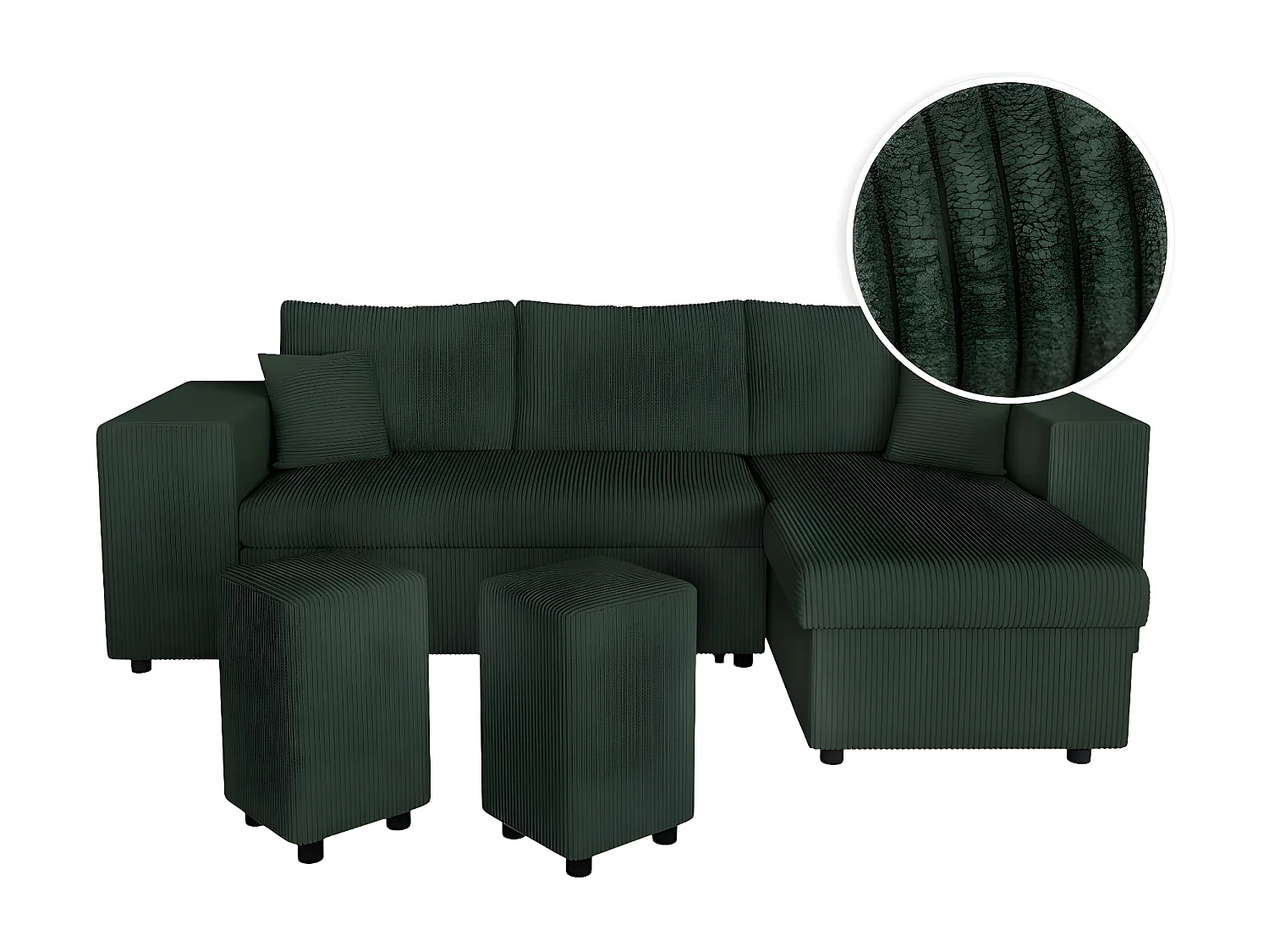 Canapé d'angle réversible Mady avec coffre, rangement poufs à gauche en velours côtelé vert foncé - L254 x P146 x H81cm - Loungitude