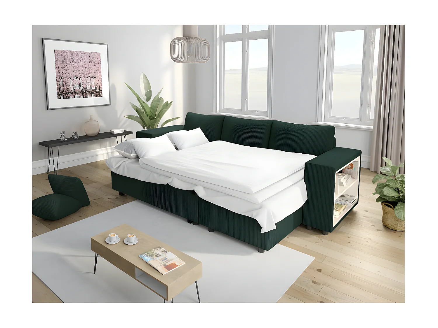 Canapé d'angle réversible Mady avec coffre, rangement poufs à gauche en velours côtelé vert foncé - L254 x P146 x H81cm - Loungitude