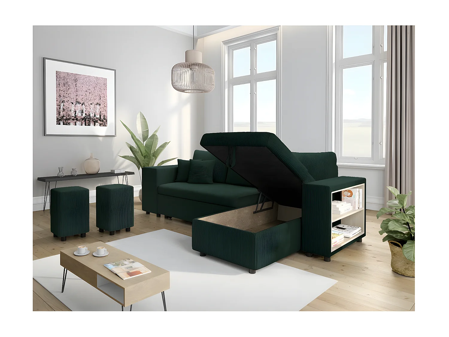 Canapé d'angle réversible Mady avec coffre, rangement poufs à gauche en velours côtelé vert foncé - L254 x P146 x H81cm - Loungitude