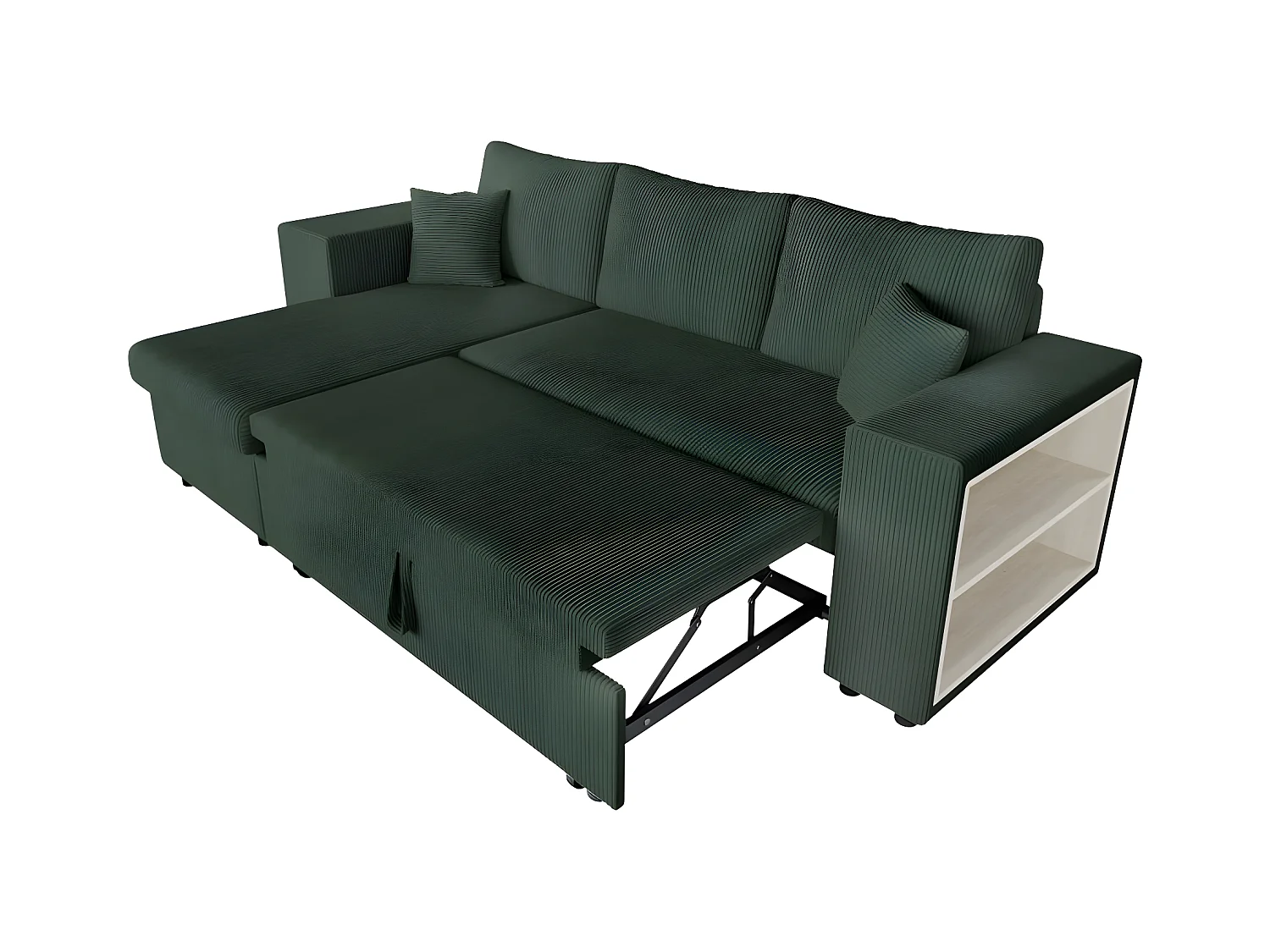 Canapé d'angle réversible Mady avec coffre, rangement poufs à gauche en velours côtelé vert foncé - L254 x P146 x H81cm - Loungitude