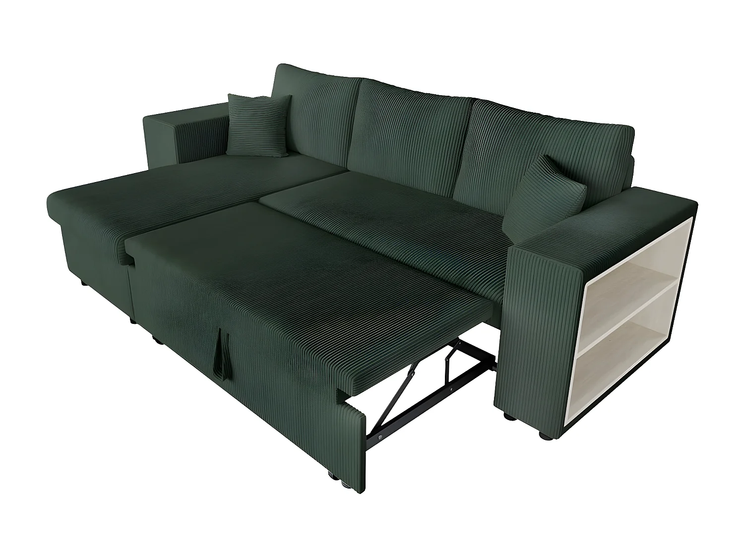 Canapé d'angle réversible Mady avec coffre, rangement poufs à gauche en velours côtelé vert foncé - L254 x P146 x H81cm - Loungitude