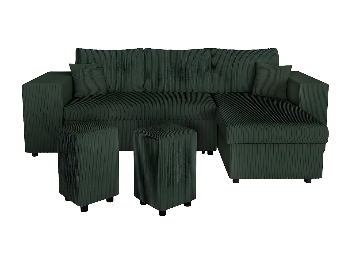 Canapé d'angle réversible Mady avec coffre, rangement poufs à gauche en velours côtelé vert foncé - L254 x P146 x H81cm - Loungitude