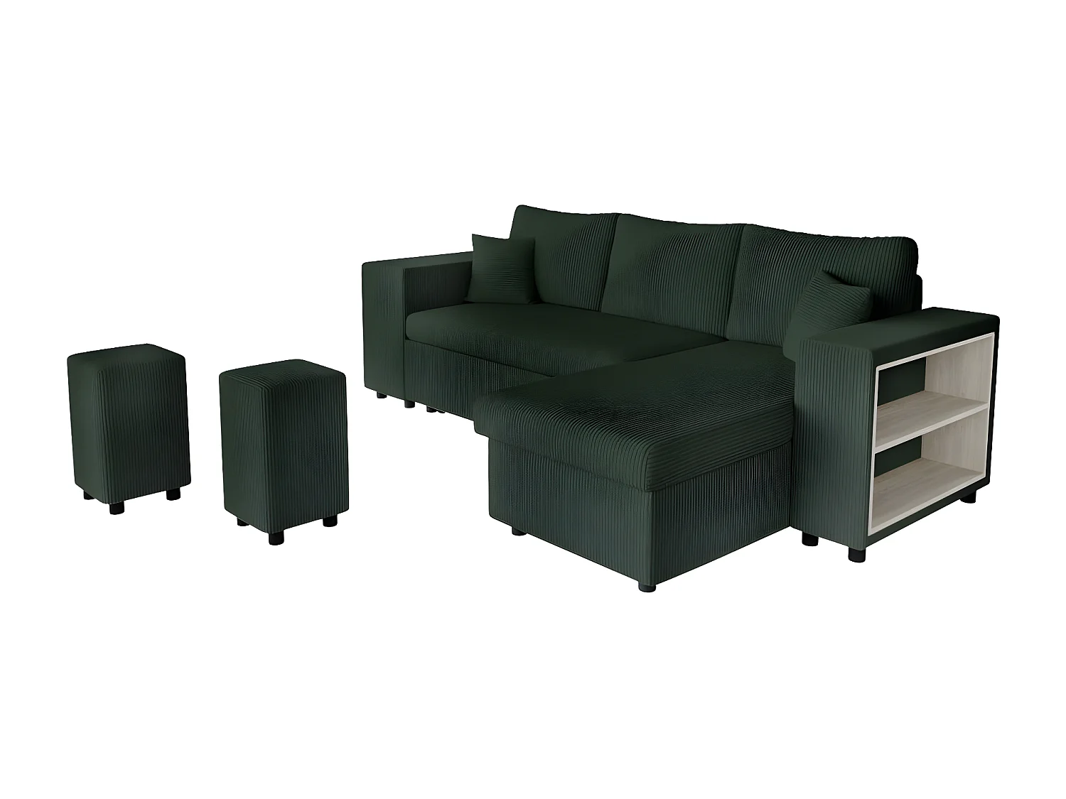 Canapé d'angle réversible Mady avec coffre, rangement poufs à gauche en velours côtelé vert foncé - L254 x P146 x H81cm - Loungitude