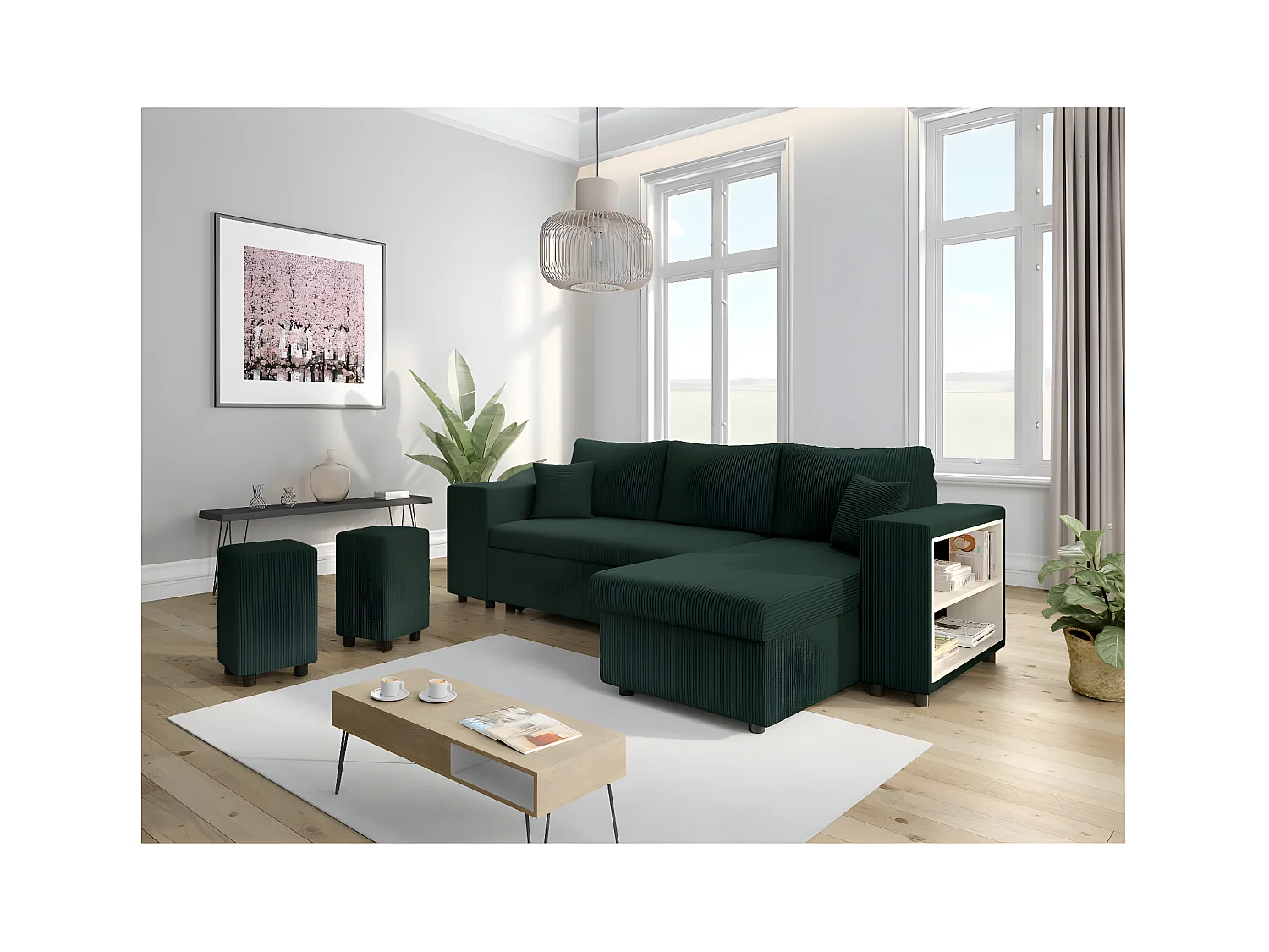 Canapé d'angle réversible Mady avec coffre, rangement poufs à gauche en velours côtelé vert foncé - L254 x P146 x H81cm - Loungitude