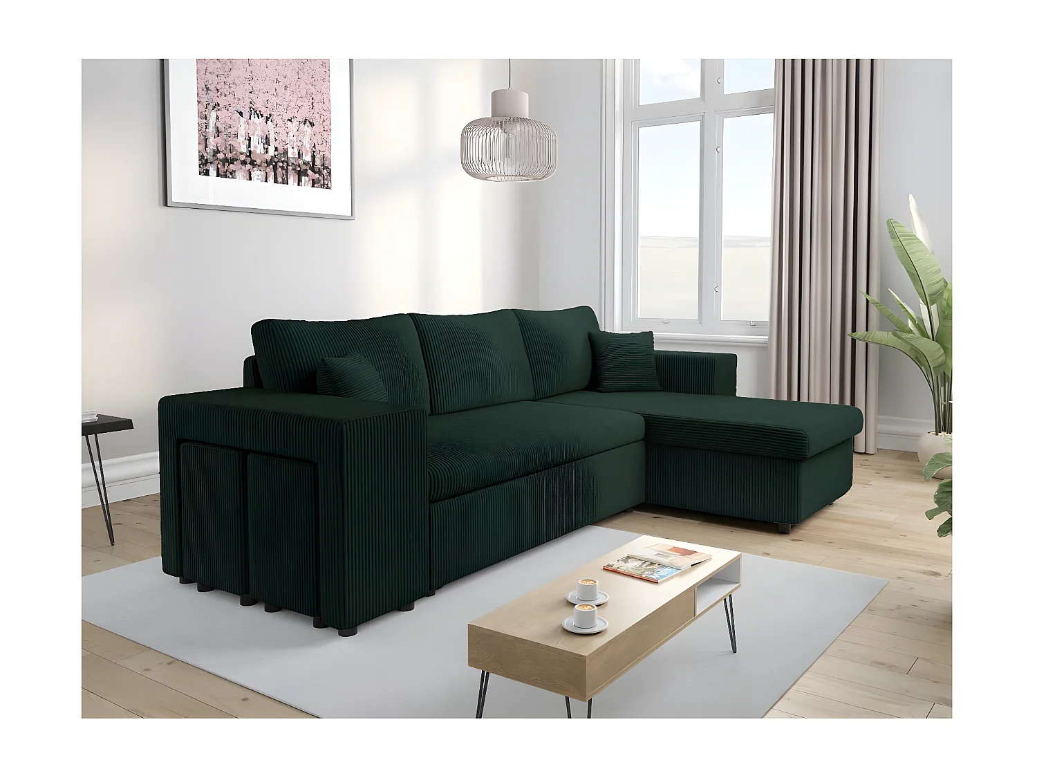 Canapé d'angle réversible Mady avec coffre, rangement poufs à gauche en velours côtelé vert foncé - L254 x P146 x H81cm - Loungitude