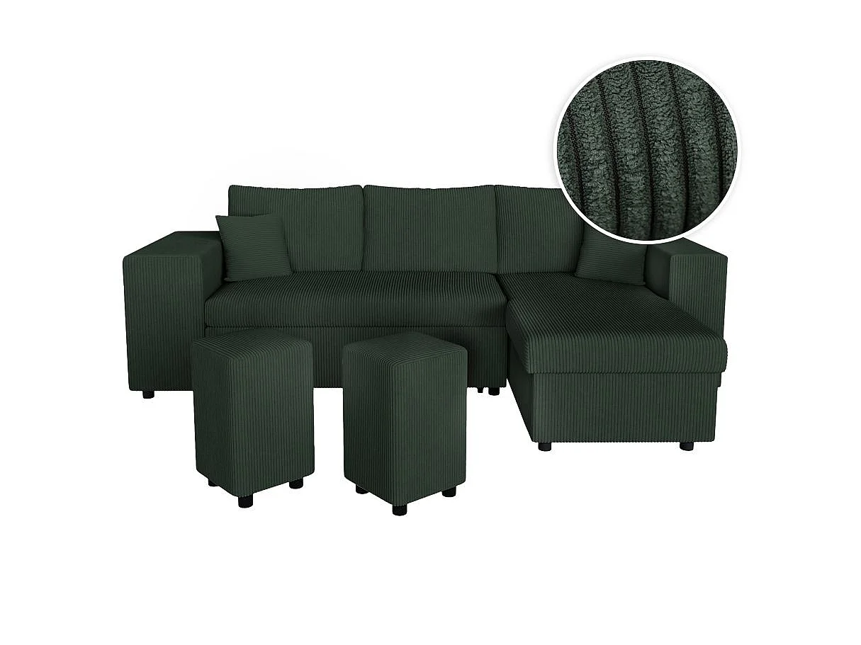 Canapé d'angle convertible 5 places avec pouf en velours vert foncé
