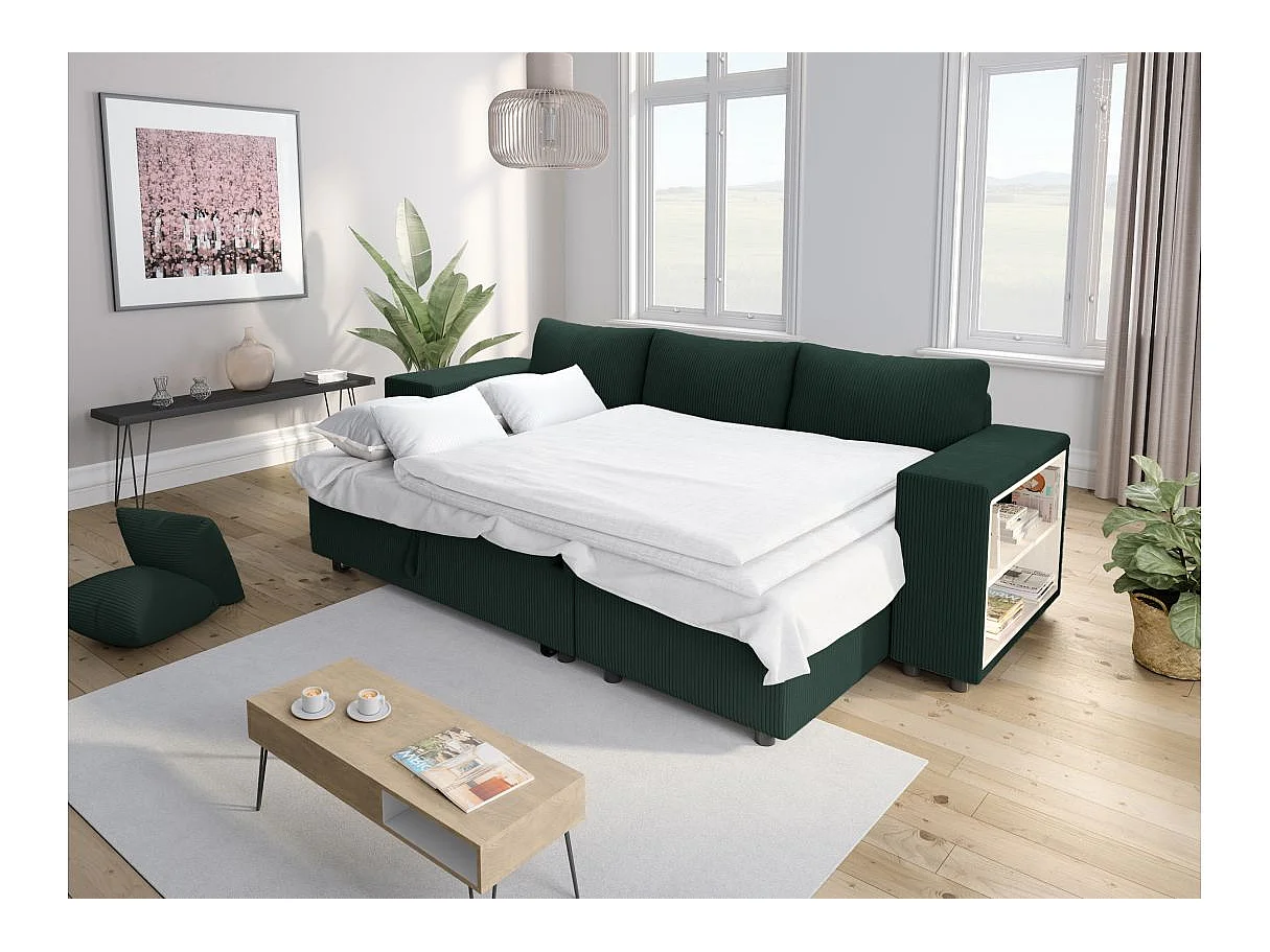 Canapé d'angle convertible 5 places avec pouf en velours vert foncé