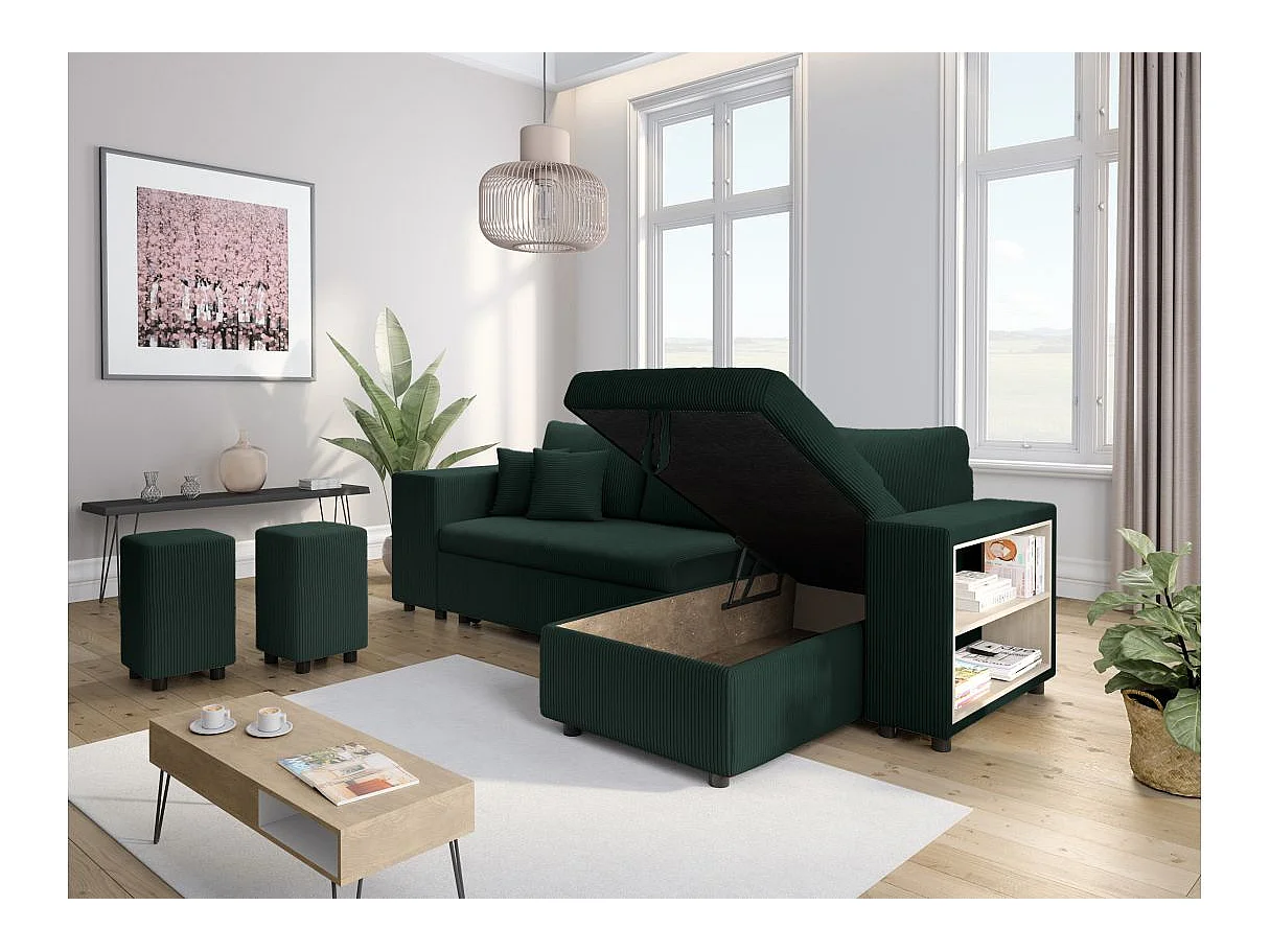 Canapé d'angle convertible 5 places avec pouf en velours vert foncé