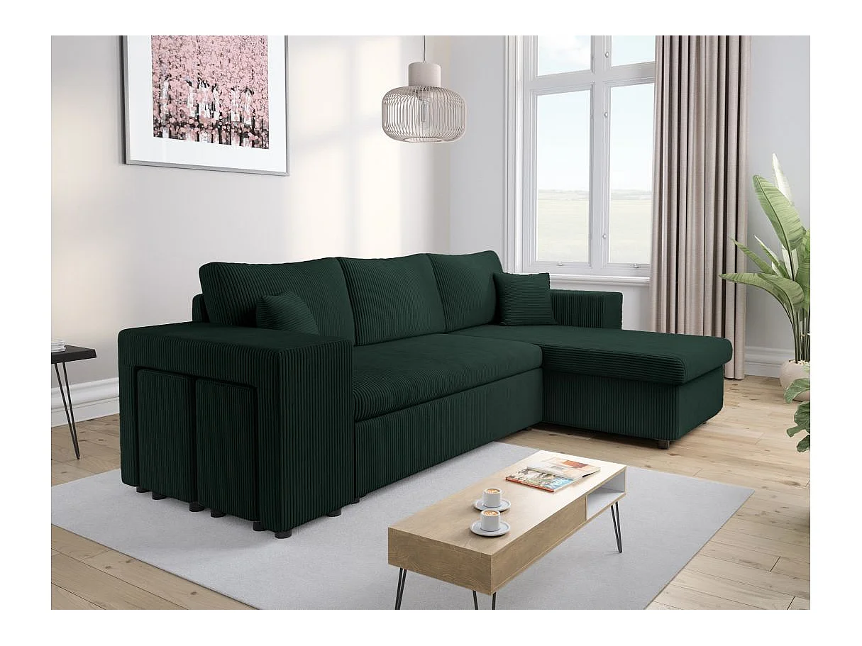 Canapé d'angle convertible 5 places avec pouf en velours vert foncé