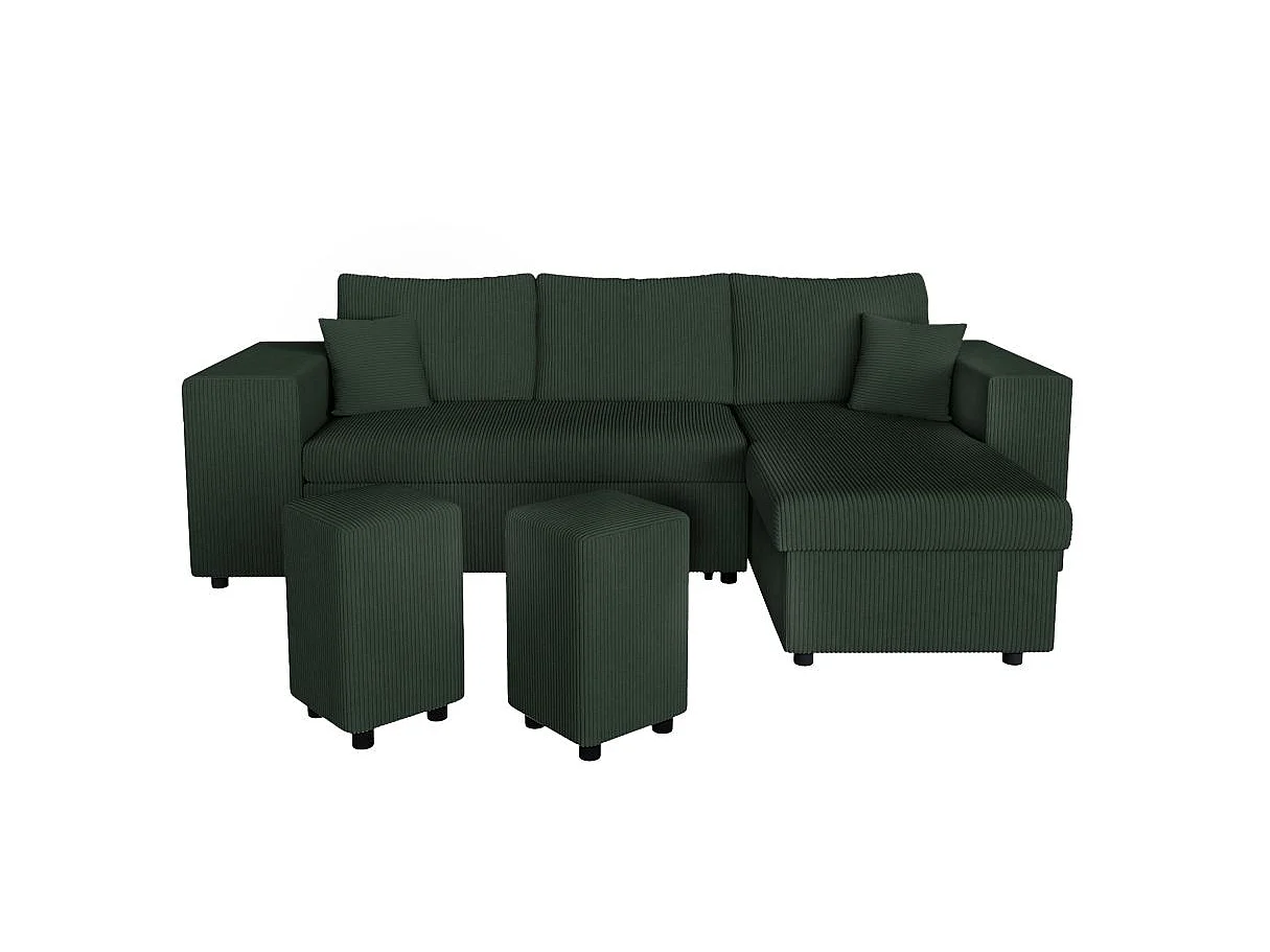 Canapé d'angle convertible 5 places avec pouf en velours vert foncé
