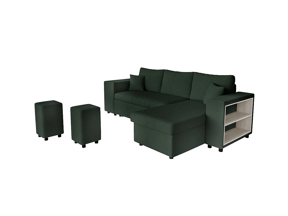 Canapé d'angle convertible 5 places avec pouf en velours vert foncé